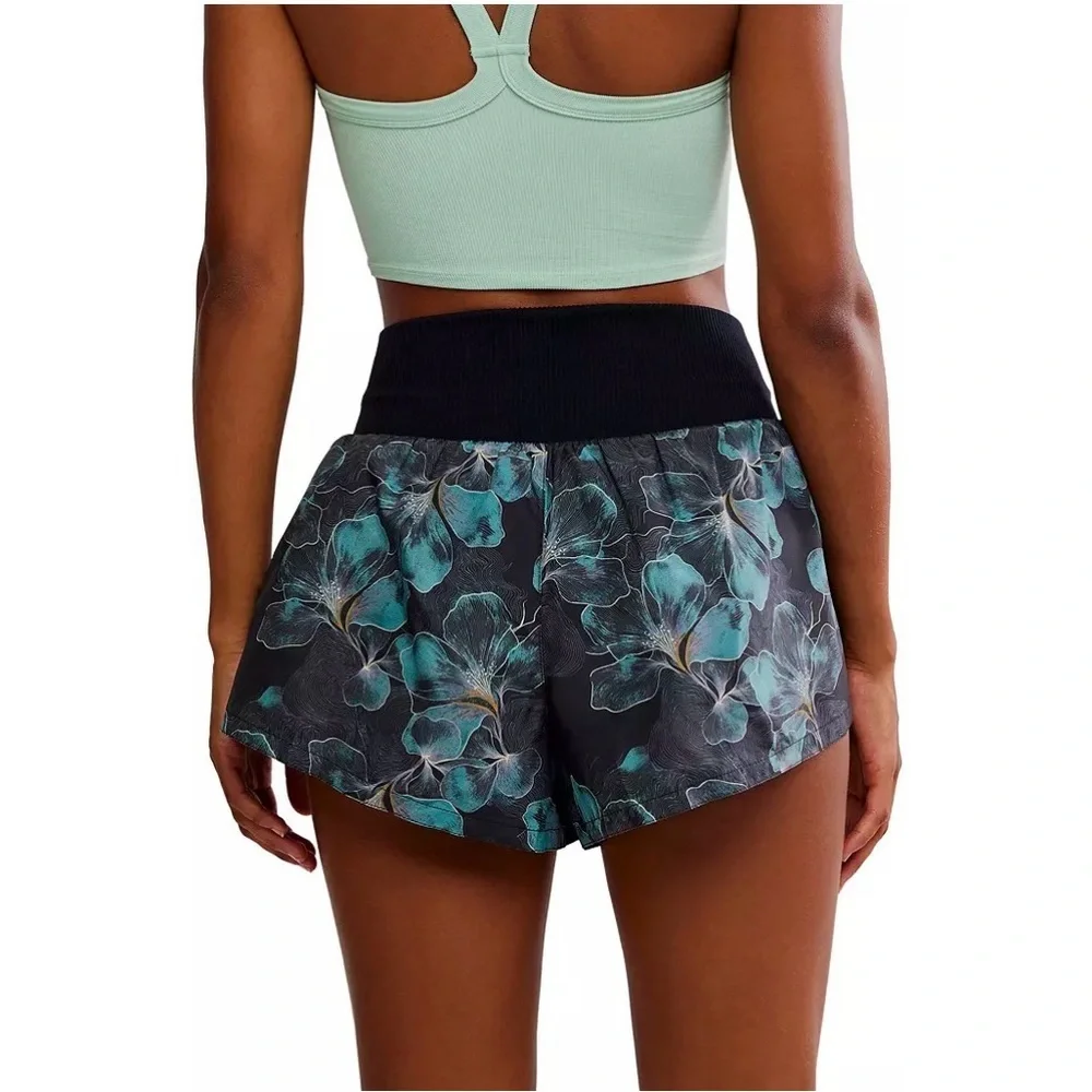 Free People Black and Blue Floral Carpe Diem Athletic Shorts NWT Size Small